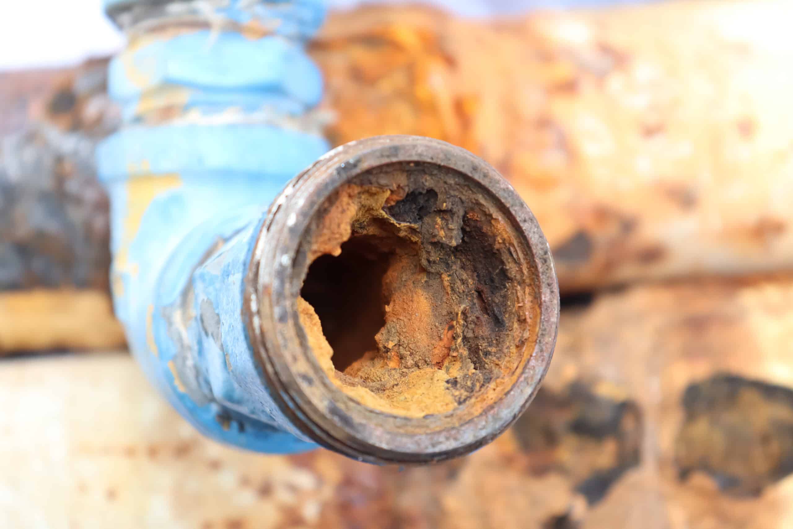 Red rust on the inside surface of old pipes indicates pipe deterioration.